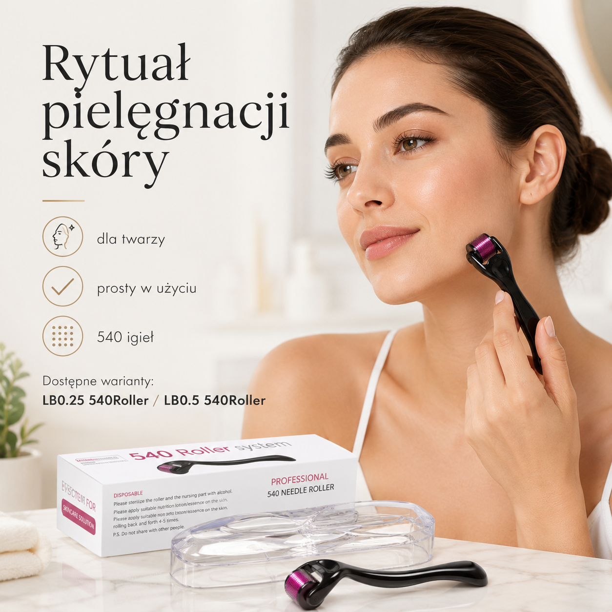 Derma Roller 540 z Etui – 0,25 mm / 0,5 mm do Pielęgnacji Twarzy i Brody