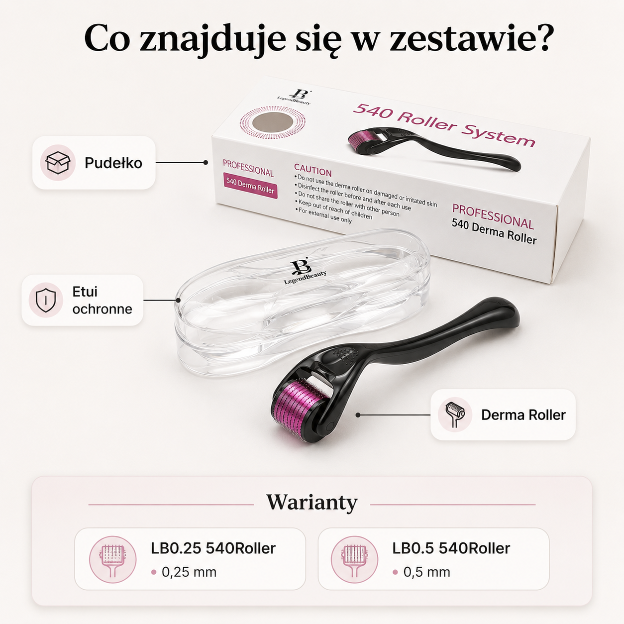 Derma Roller 540 z Etui – 0,25 mm / 0,5 mm do Pielęgnacji Twarzy i Brody