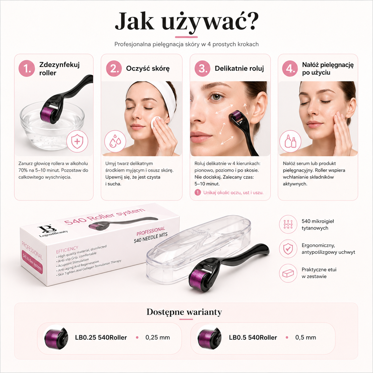 Derma Roller 540 z Etui – 0,25 mm / 0,5 mm do Pielęgnacji Twarzy i Brody