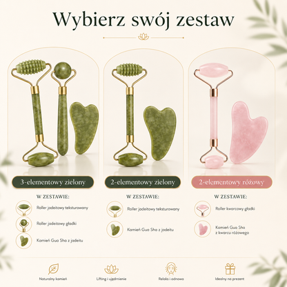 Jadeitowy Roller i Gua Sha do Masażu Twarzy – Zielony / Różowy