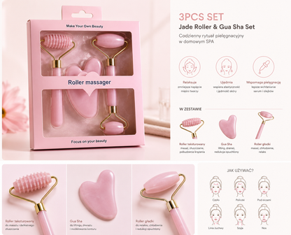 Różowy Zestaw do Masażu Twarzy Roller + Gua Sha – 3 elementy