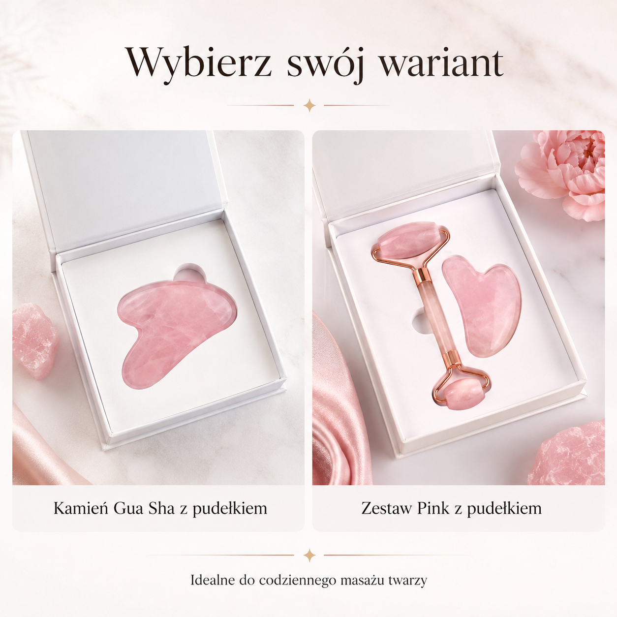 Zestaw Gua Sha i Roller do Masażu Twarzy – Różowy z Pudełkiem