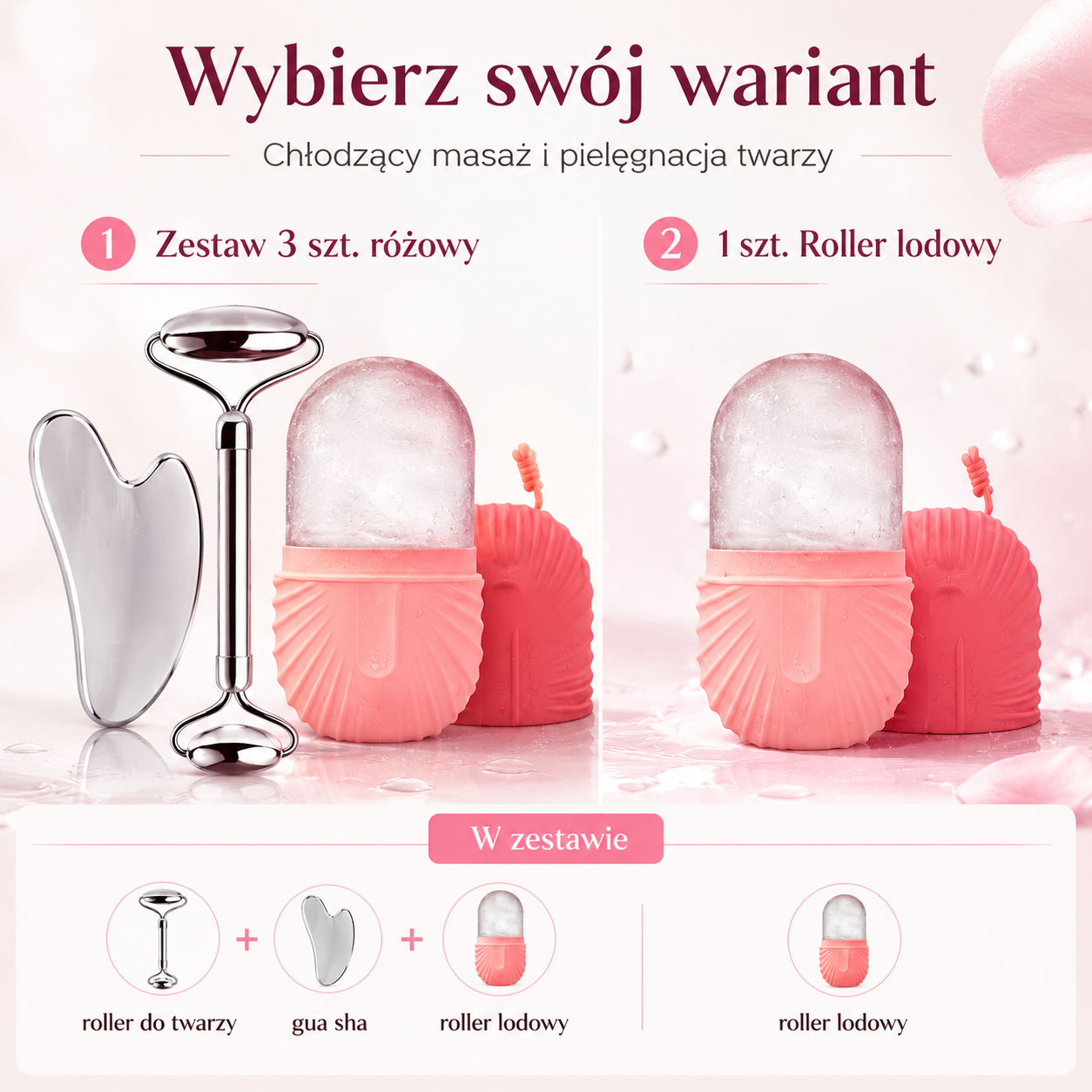 Zestaw Roller Lodowy + Gua Sha + Roller do Twarzy – Różowy 3w1