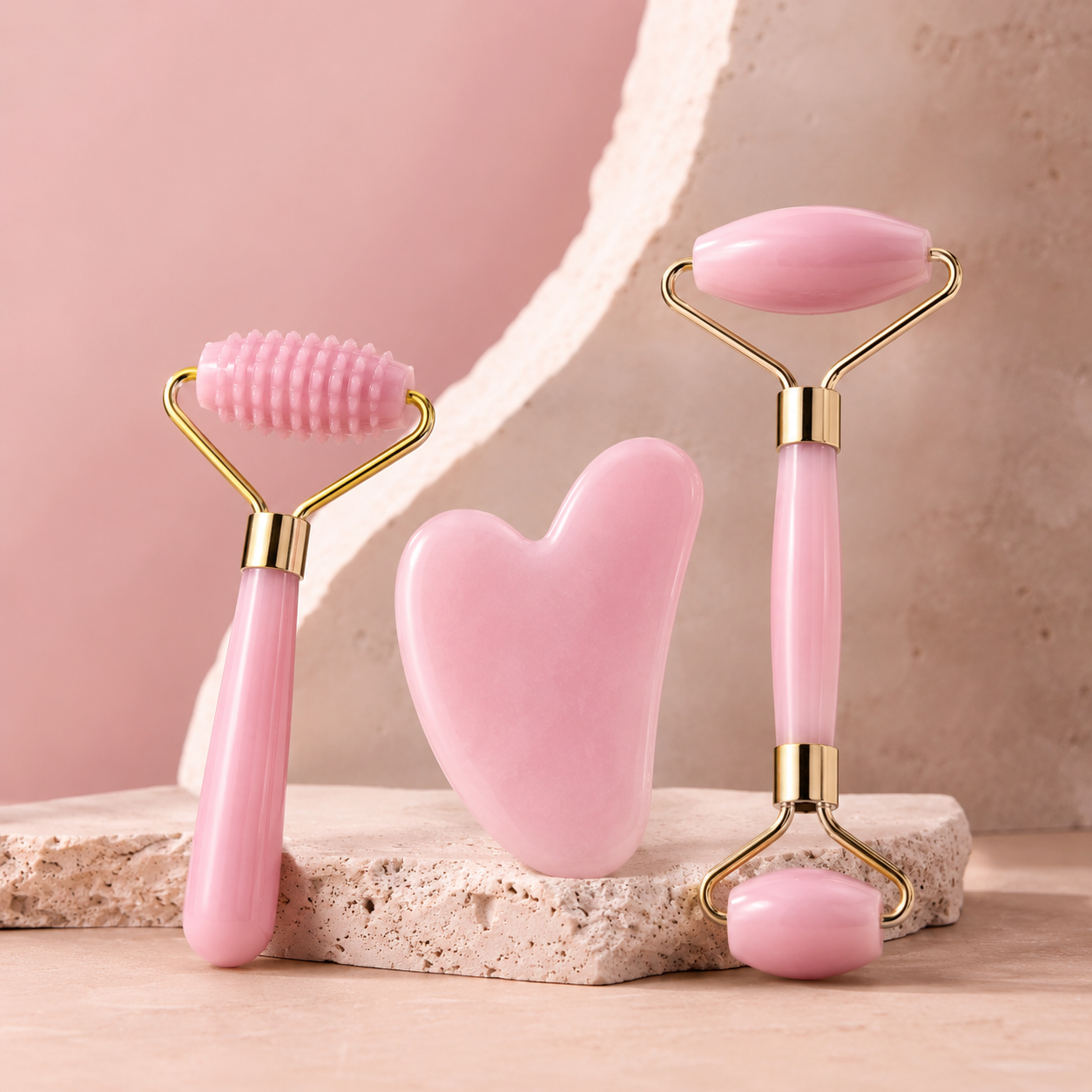 Różowy Zestaw do Masażu Twarzy Roller + Gua Sha – 3 elementy
