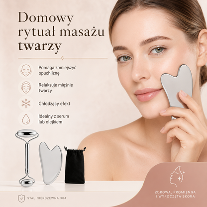 Stalowy Zestaw do Masażu Twarzy Gua Sha + Roller