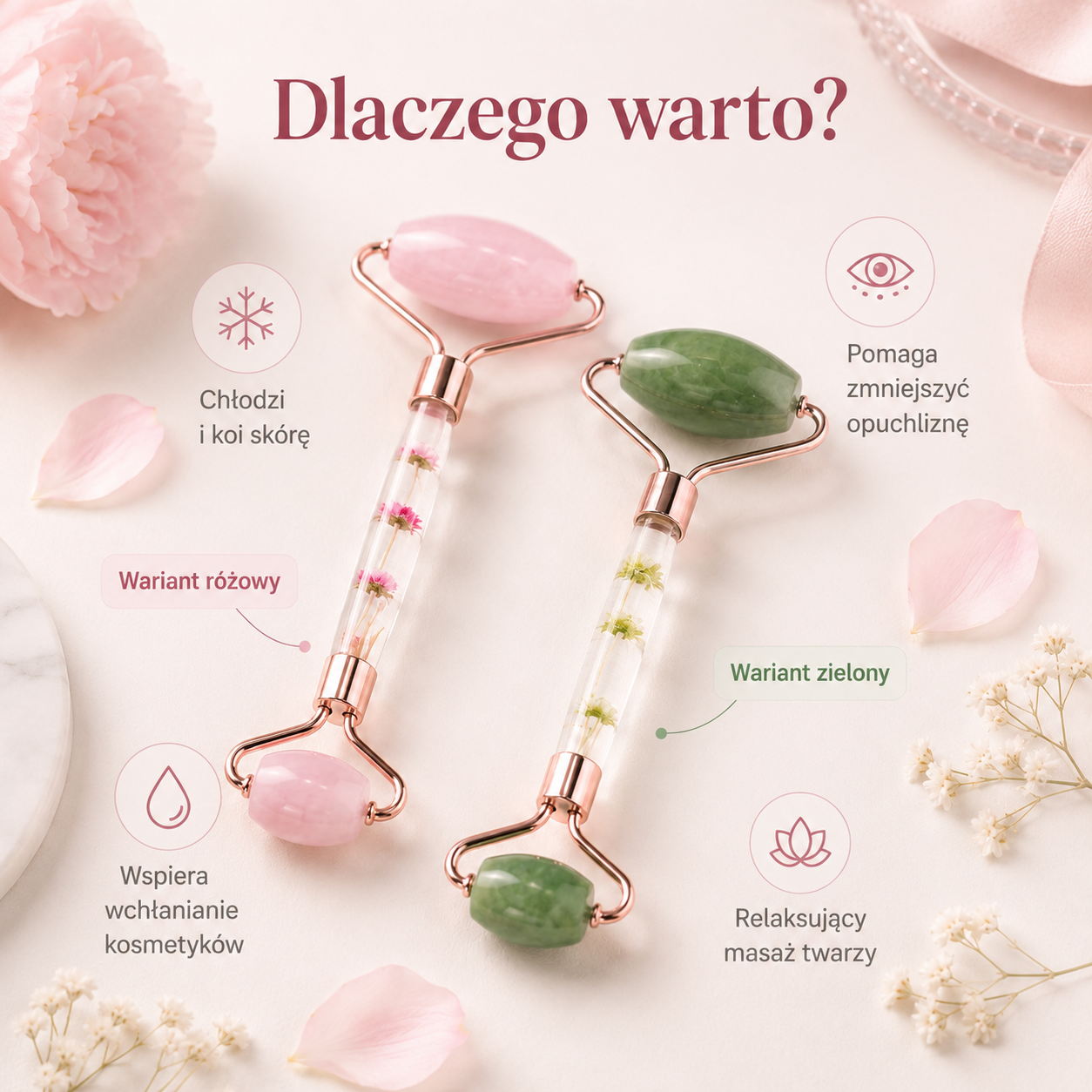 Jadeitowy Roller do Masażu Twarzy – Różowy / Zielony