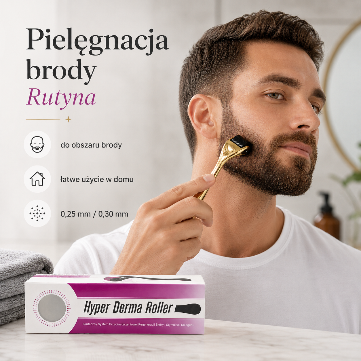 Złoty Derma Roller do Twarzy i Brody – 0,25 mm / 0,30 mm