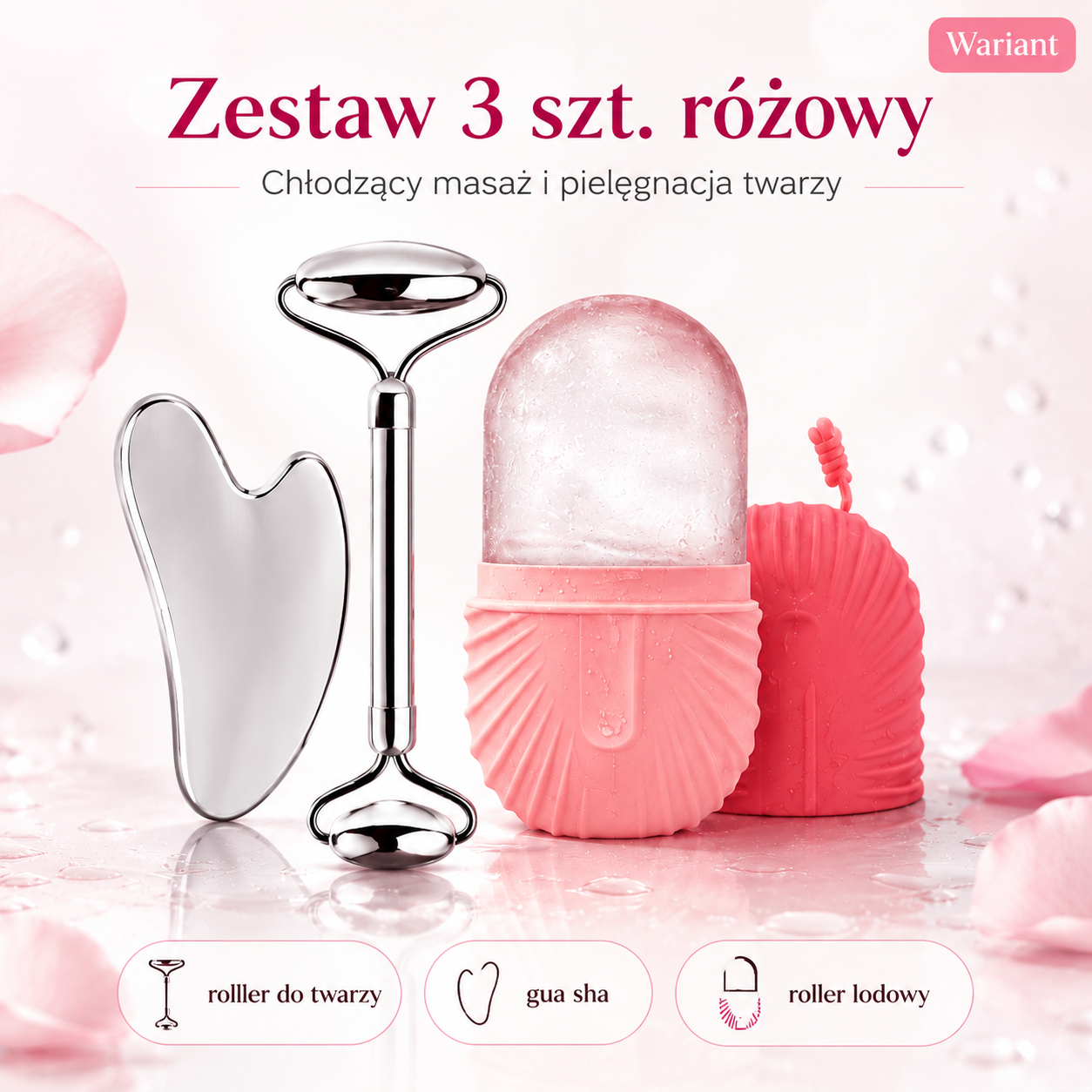 Zestaw Roller Lodowy + Gua Sha + Roller do Twarzy – Różowy 3w1