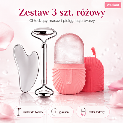 Zestaw Roller Lodowy + Gua Sha + Roller do Twarzy – Różowy 3w1