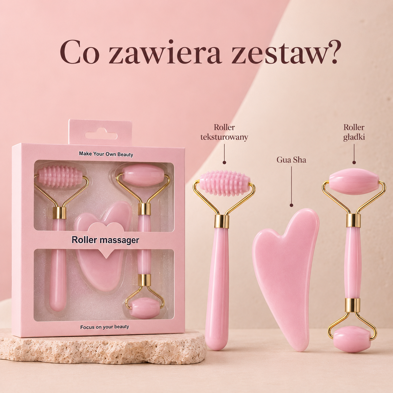 Różowy Zestaw do Masażu Twarzy Roller + Gua Sha – 3 elementy