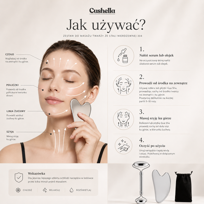 Stalowy Zestaw do Masażu Twarzy Gua Sha + Roller