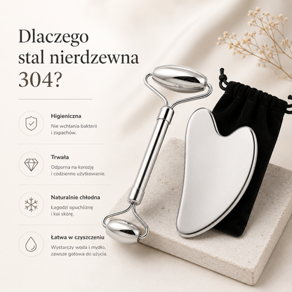 Stalowy Zestaw do Masażu Twarzy Gua Sha + Roller