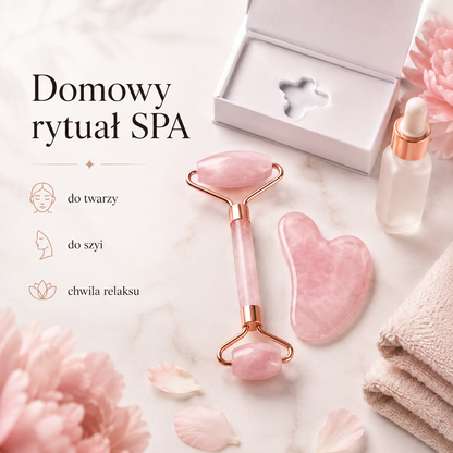 Zestaw Gua Sha i Roller do Masażu Twarzy – Różowy z Pudełkiem