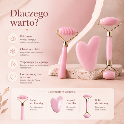 Różowy Zestaw do Masażu Twarzy Roller + Gua Sha – 3 elementy