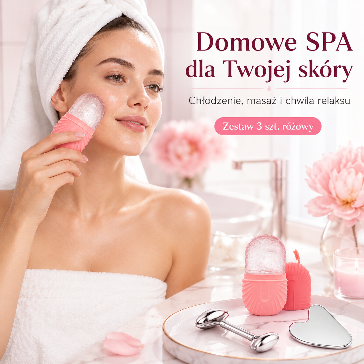 Zestaw Roller Lodowy + Gua Sha + Roller do Twarzy – Różowy 3w1