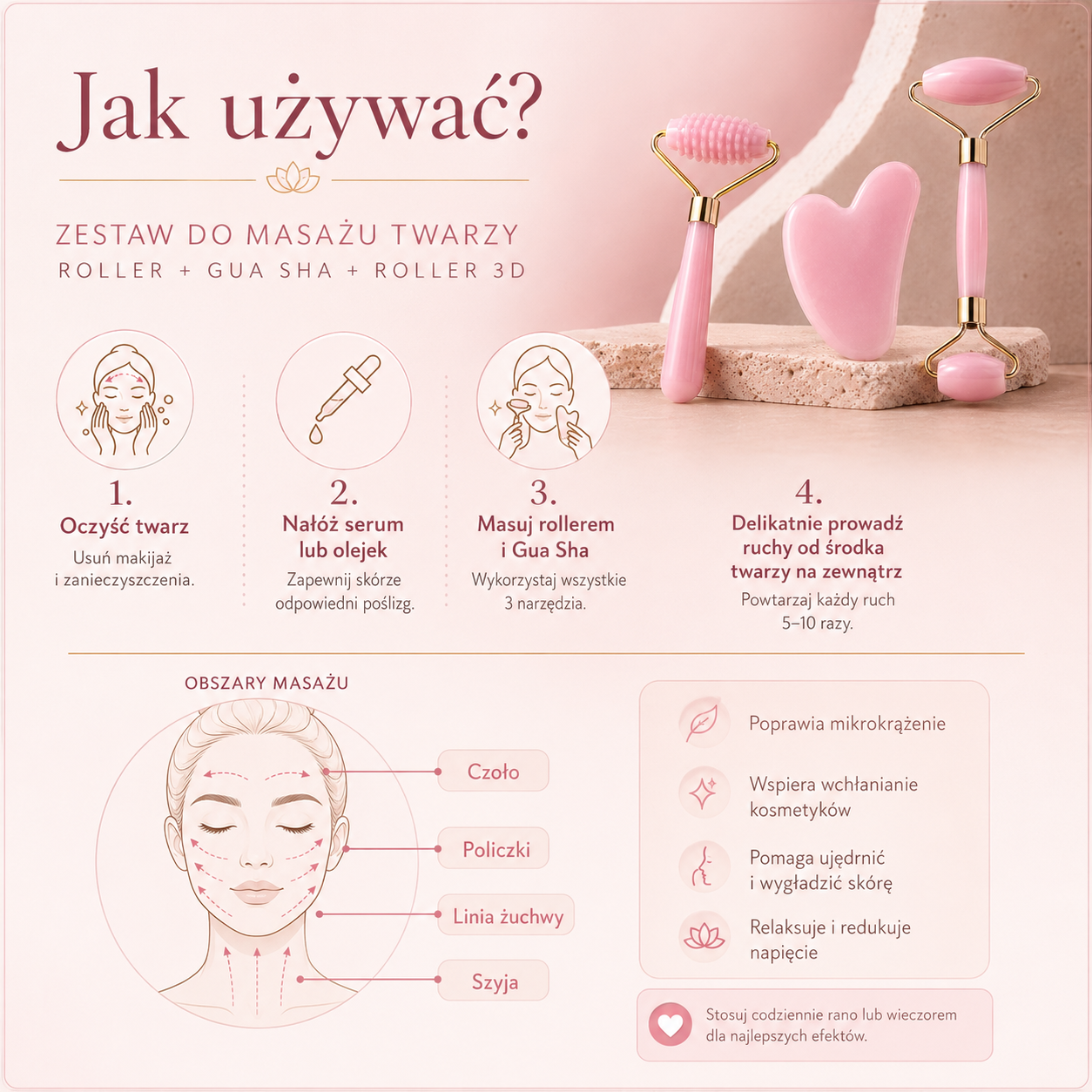 Różowy Zestaw do Masażu Twarzy Roller + Gua Sha – 3 elementy