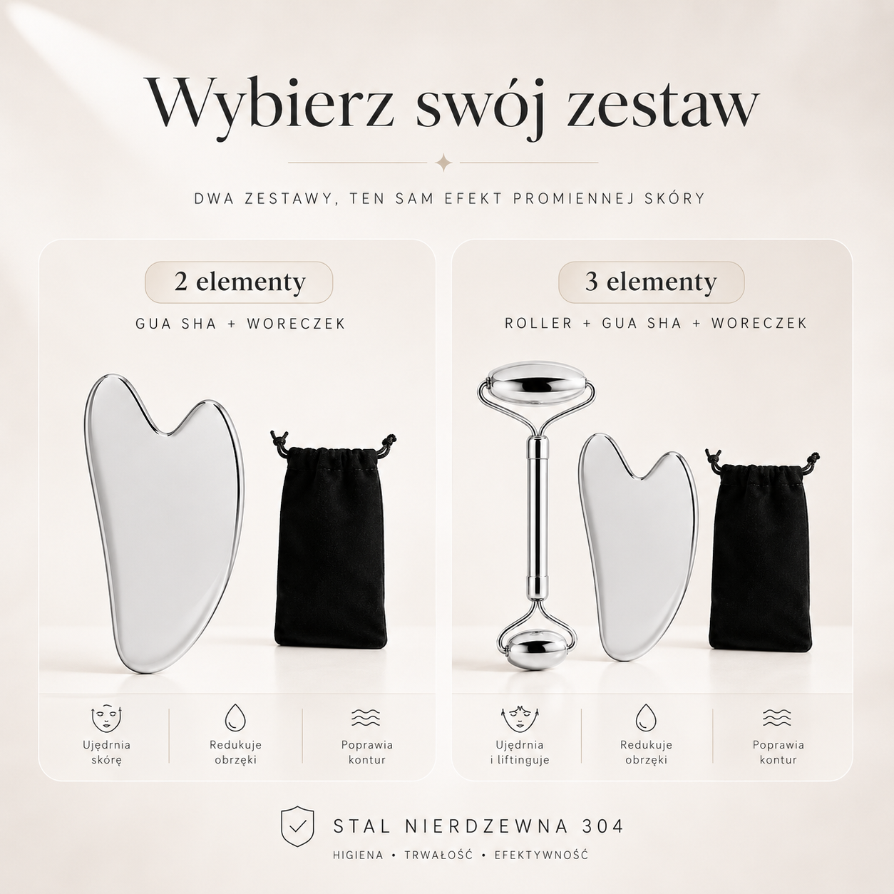 Stalowy Zestaw do Masażu Twarzy Gua Sha + Roller