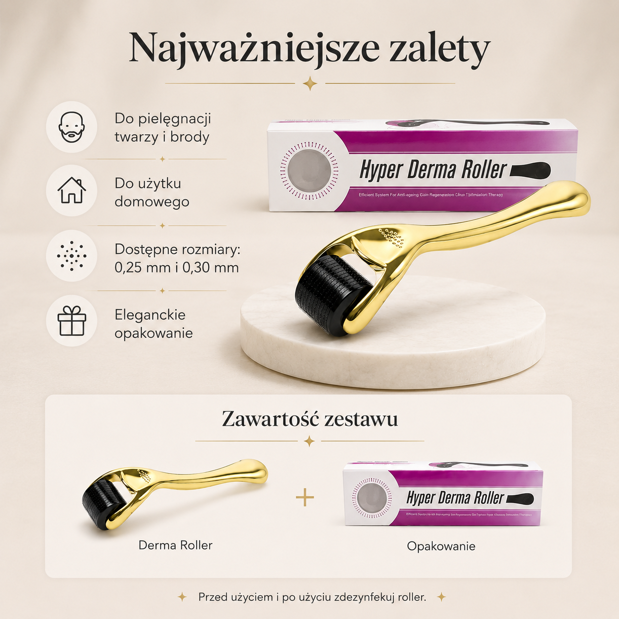 Złoty Derma Roller do Twarzy i Brody – 0,25 mm / 0,30 mm