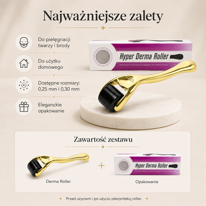 Złoty Derma Roller do Twarzy i Brody – 0,25 mm / 0,30 mm