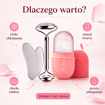 Zestaw Roller Lodowy + Gua Sha + Roller do Twarzy – Różowy 3w1