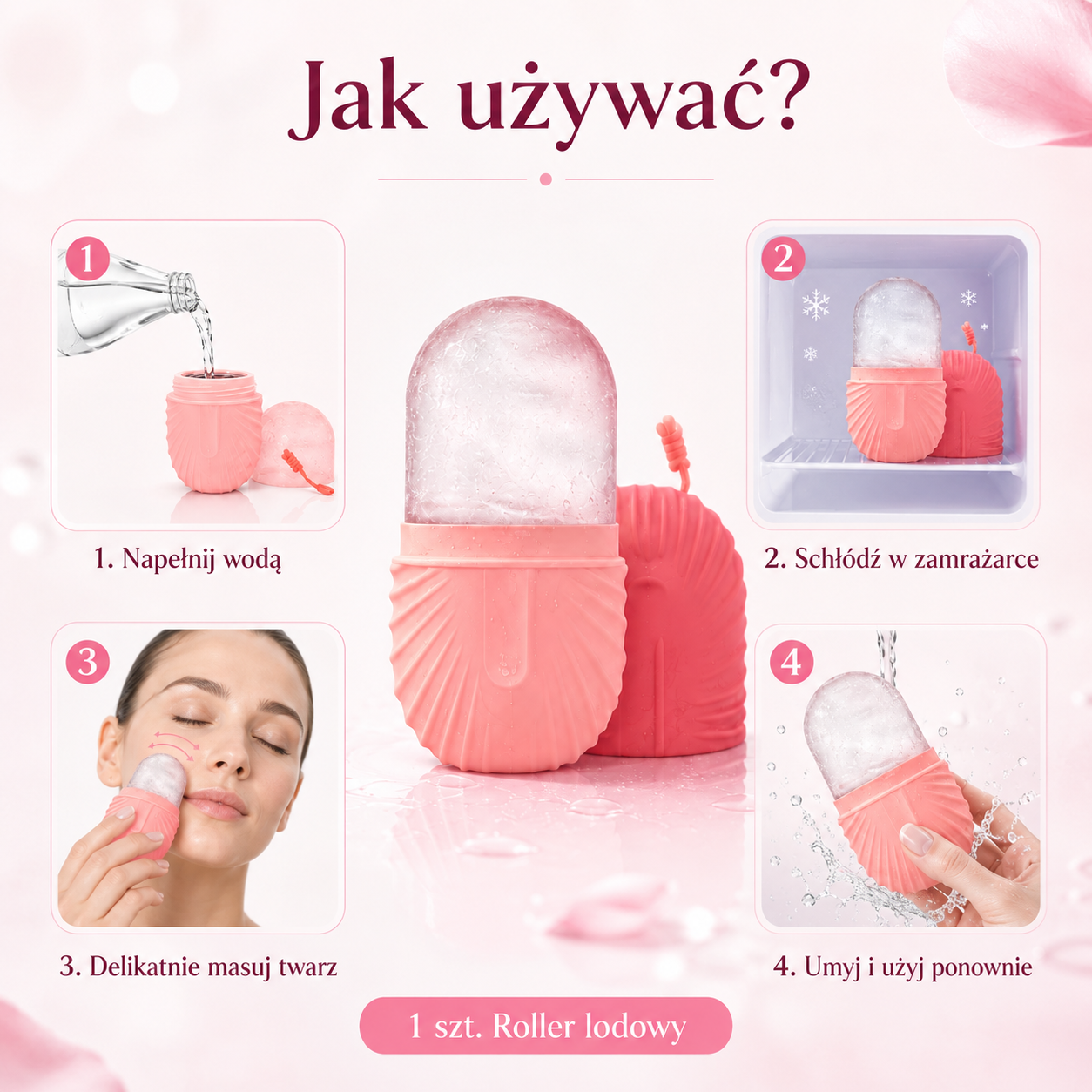 Zestaw Roller Lodowy + Gua Sha + Roller do Twarzy – Różowy 3w1