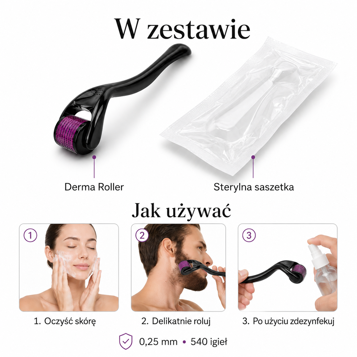 Derma Roller 540 igieł 0,25 mm – do Twarzy i Brody