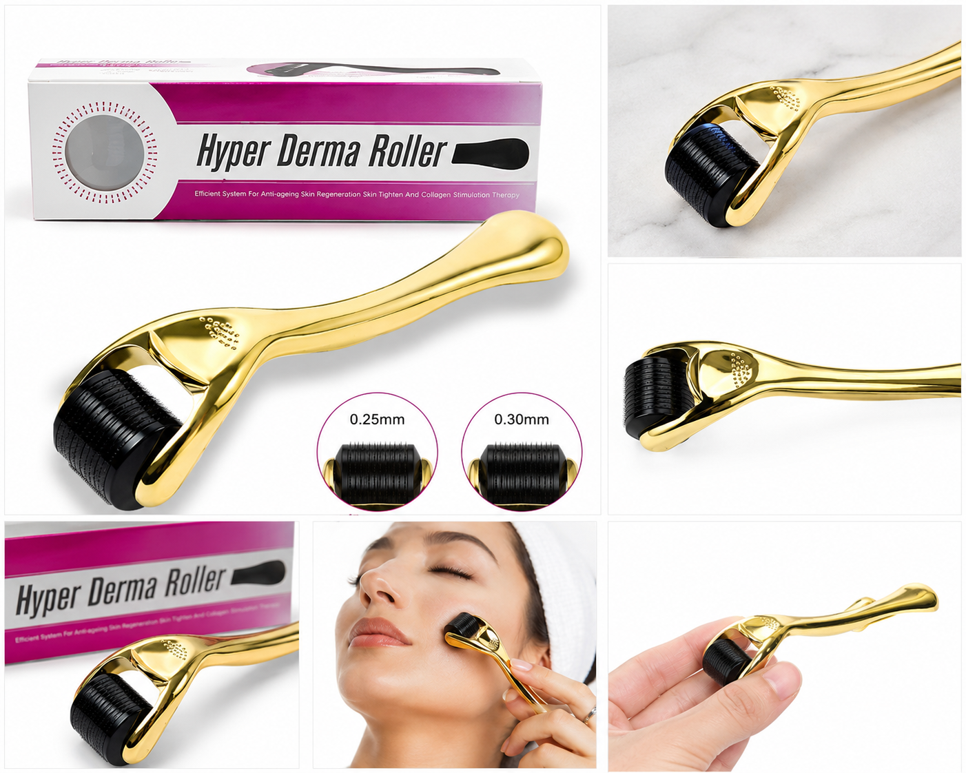 Złoty Derma Roller do Twarzy i Brody – 0,25 mm / 0,30 mm