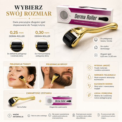 Złoty Derma Roller do Twarzy i Brody – 0,25 mm / 0,30 mm
