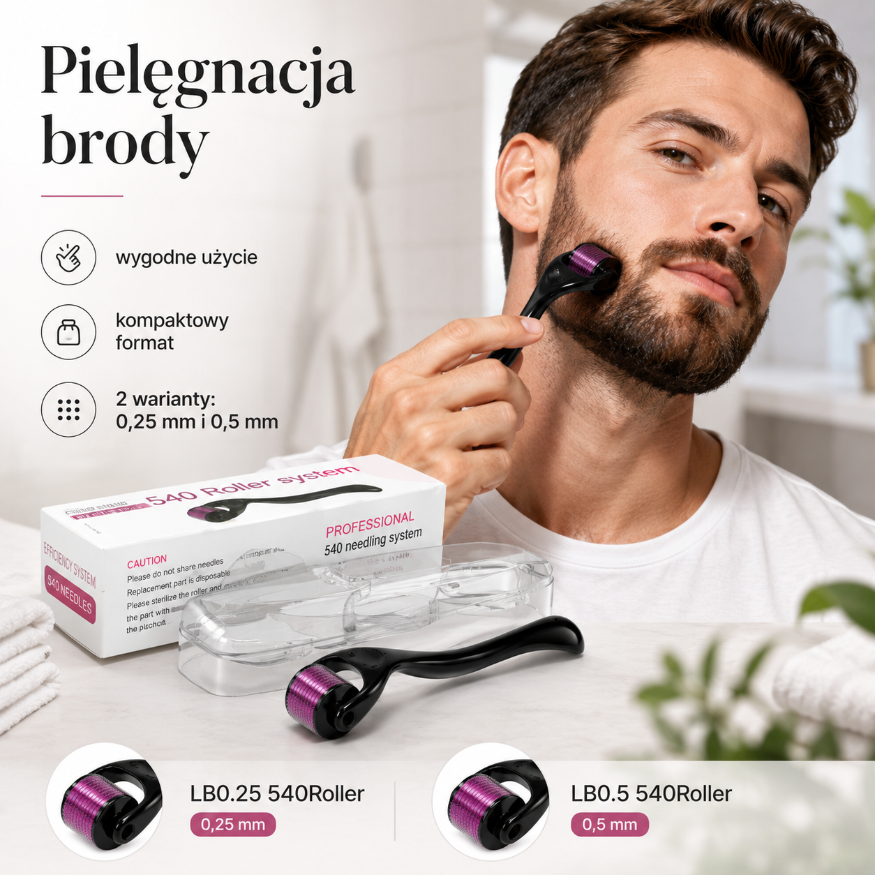 Derma Roller 540 z Etui – 0,25 mm / 0,5 mm do Pielęgnacji Twarzy i Brody